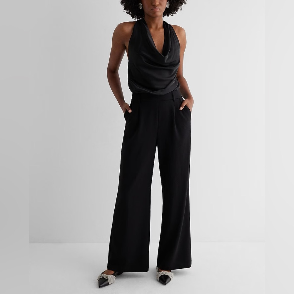Express Jumpsuit Satin Tie Halter Cowl Neck Wide Leg